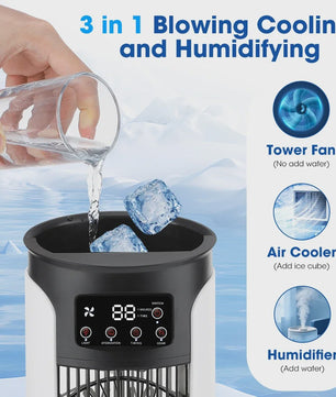 3-in-1 Draagbare Aircooler met Ventilator, Luchtbevochtiger en LED Nachtlampje - 6 Snelheden
