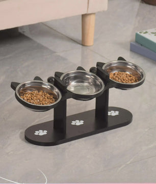Verhoogde Kattenvoerbak met Houten Standaard & 3 RVS Bakjes - 15° Schuin