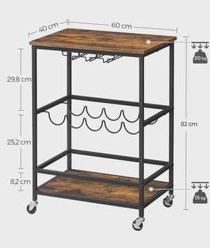 VASAGLE Serveertrolley met Wijnrek en Glashouder - Keukentrolley op Wielen, 40x60x82 cm