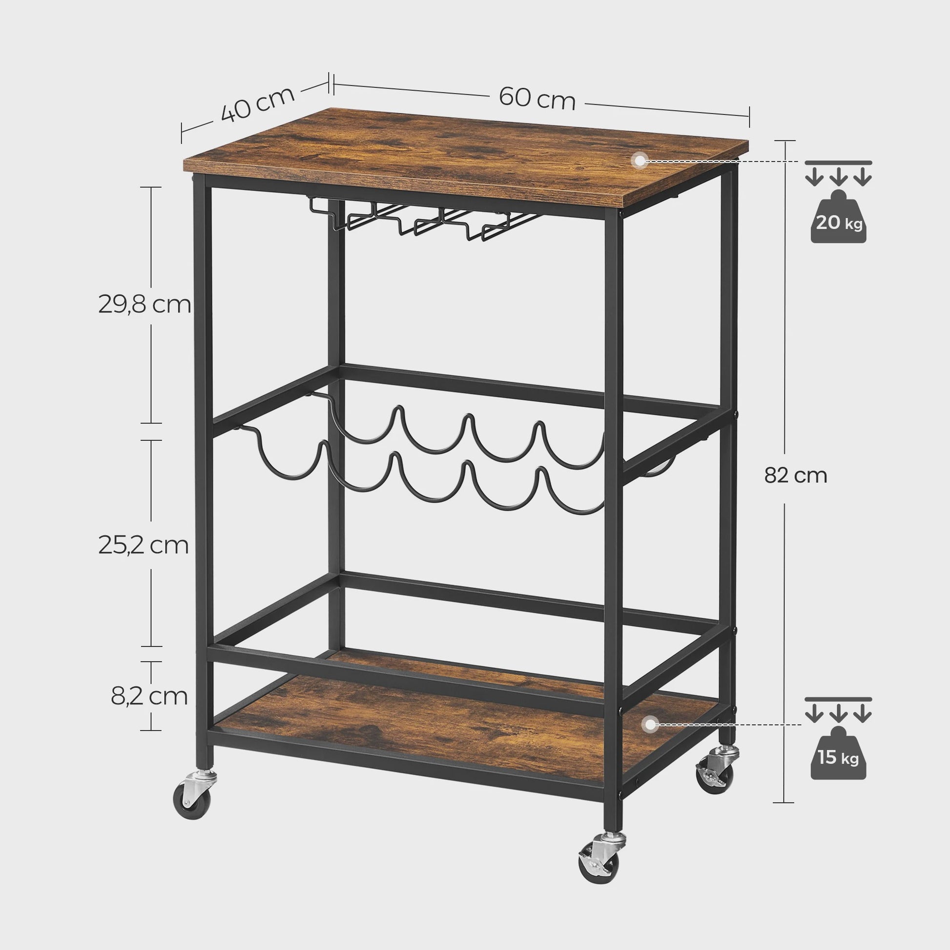 VASAGLE Serveertrolley met Wijnrek en Glashouder - Keukentrolley op Wielen, 40x60x82 cm