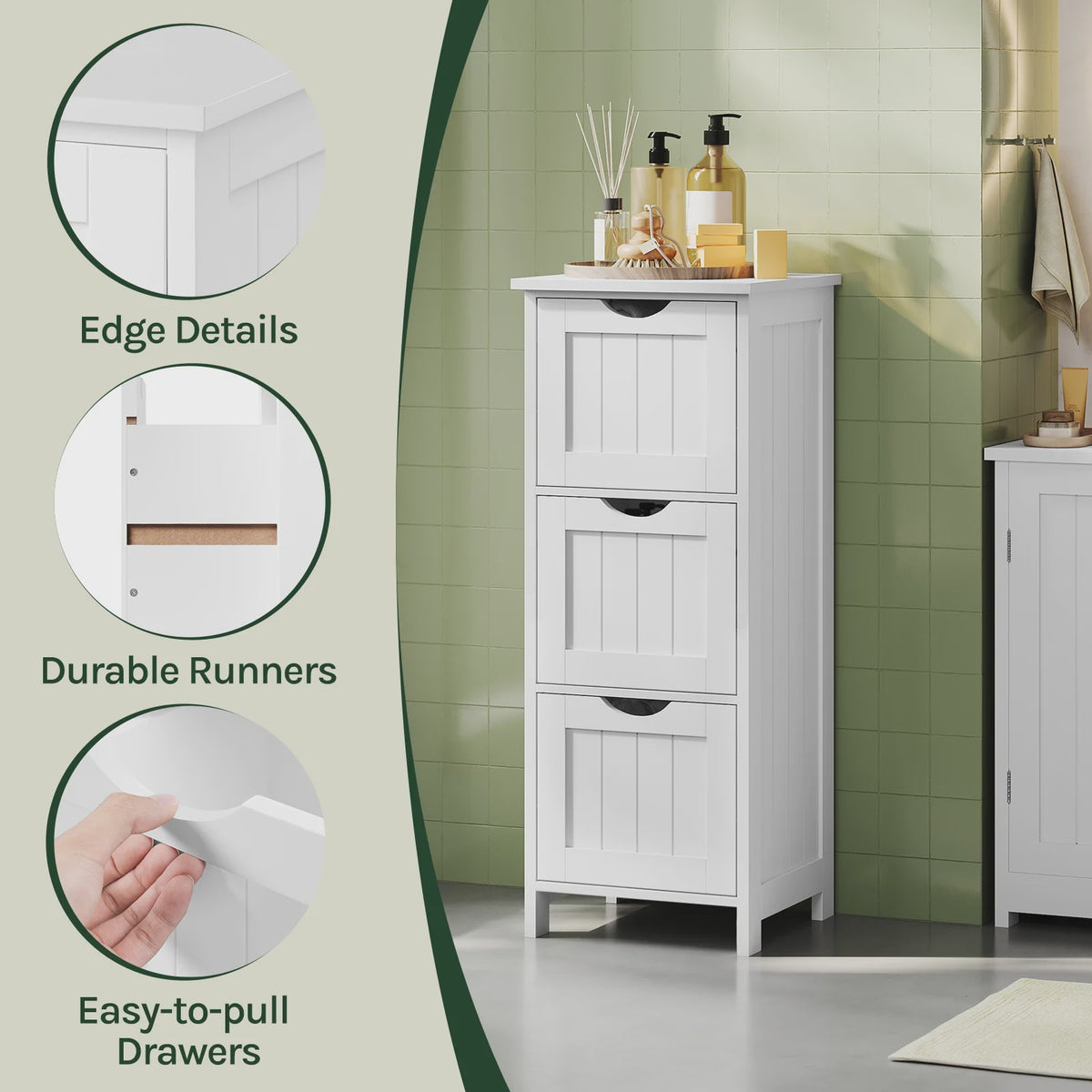 Smal Wit Toiletkastje met 3 Lades - Vrijstaande Badkamer- en Keukenorganizer 32x81x30cm