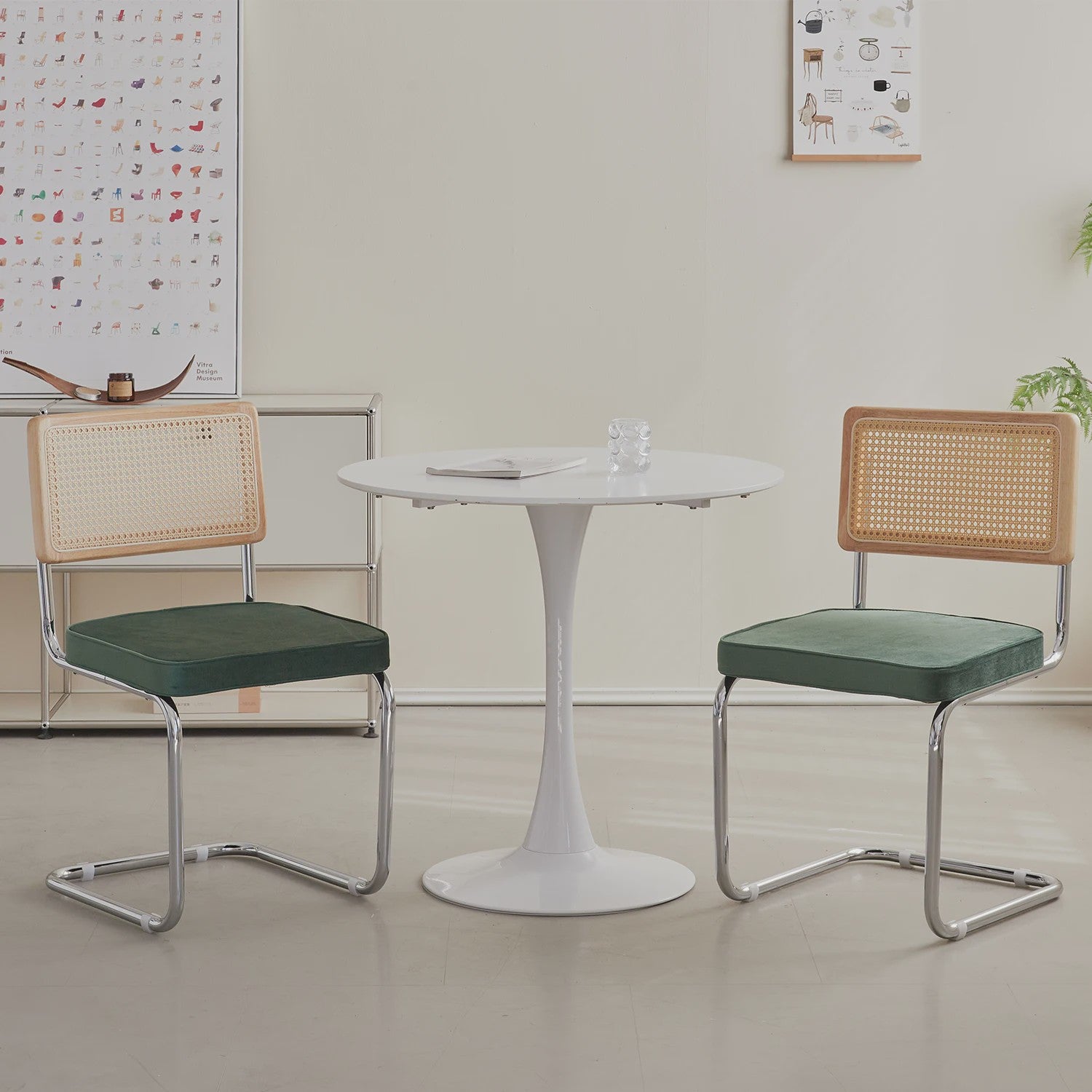Set van 2/4 Retro Eetkamerstoelen met Rotan Rugleuning en Gestoffeerde Zitting