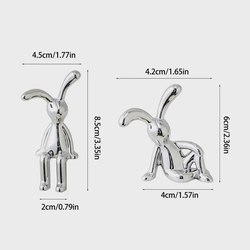 Set van 2 Zilverkleurige Konijnenbeeldjes - Decoratie voor Woonkamer, Slaapkamer, Auto & Bureau