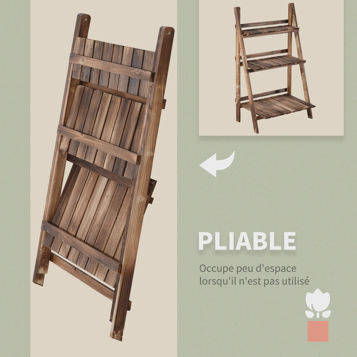 Outsunny Houten Plantenstandaard - Piramidevormig, Opvouwbaar, 3 Niveaus, 60x37x93 cm, Bruin