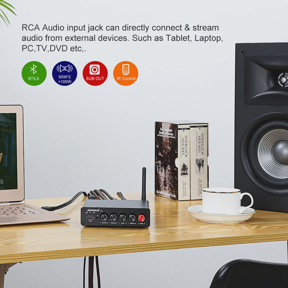 AIYIMA B01 2.1 Bluetooth Versterker TPA3116D2 - 100W HiFi Digitale Klasse D Audioversterker met Bass & Treble