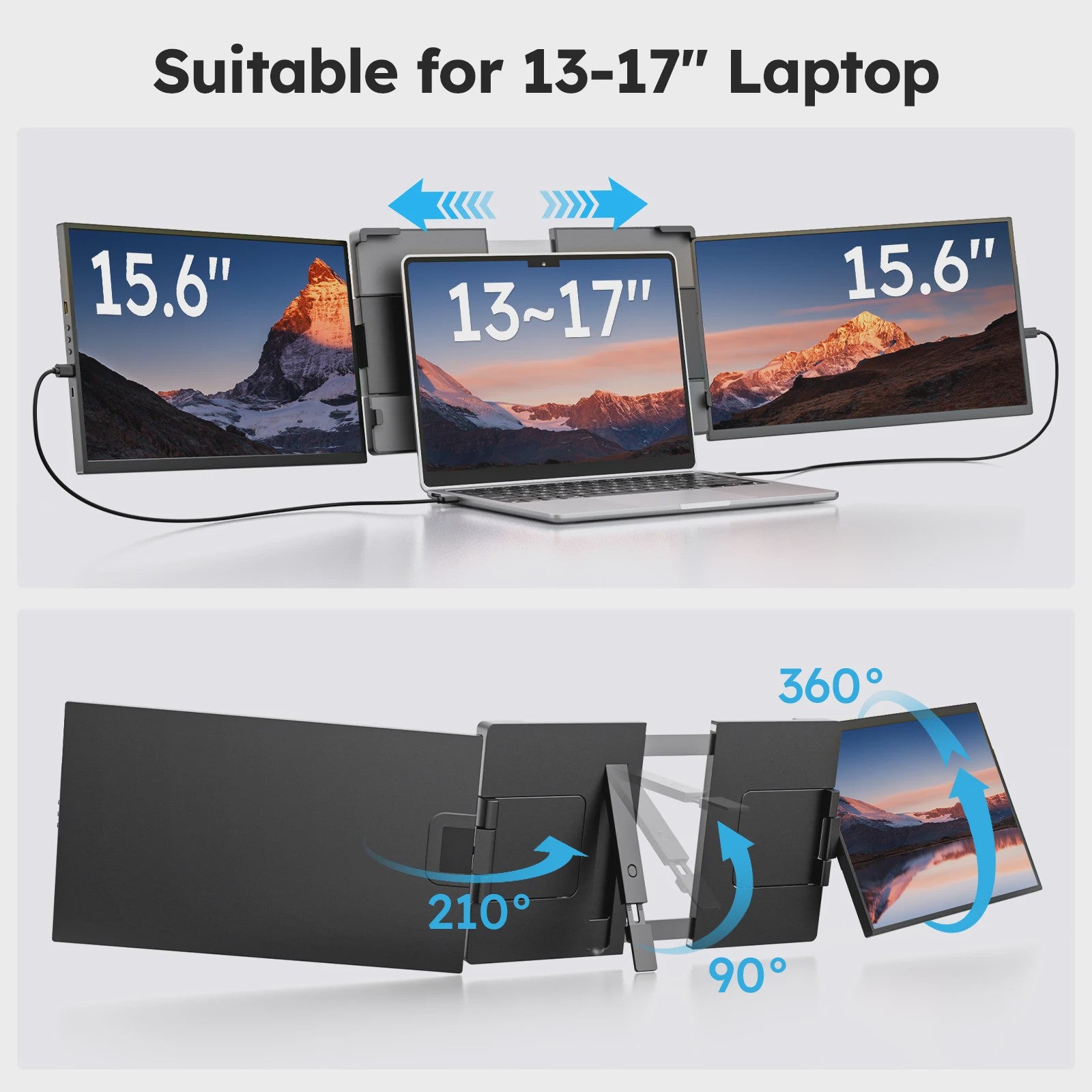 15.6" Triple Screen Extender: 2x FHD IPS Externe Monitors voor Laptops (13-17")