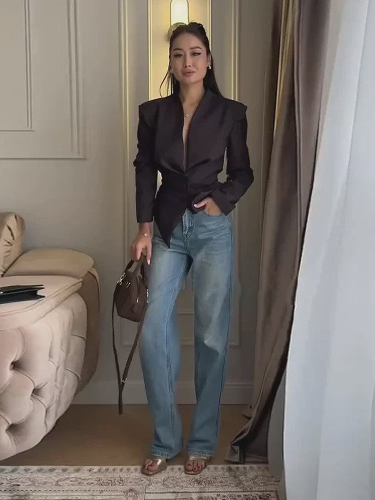 Dames Asymmetrische Blazer met V-hals en Lange Mouwen - Casual Lente Jasje