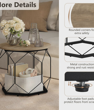 Set van 2 Ronde Bijzettafels met Opbergruimte - Stijlvolle Koffie- en Salontafels voor de Woonkamer met Metaal Frame en Hout