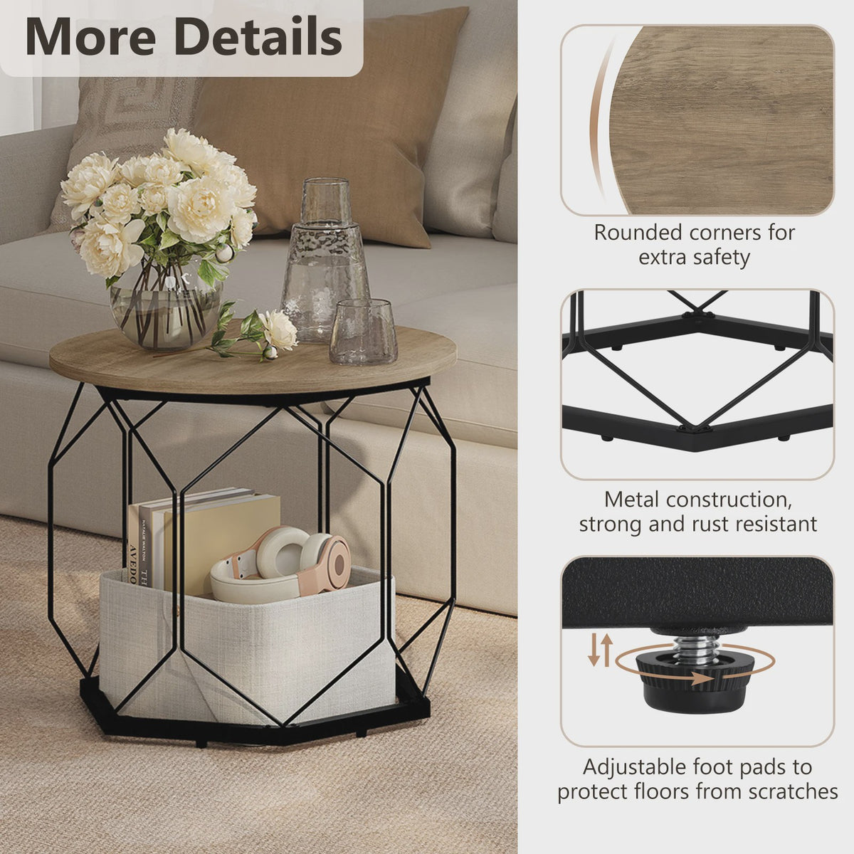 Set van 2 Ronde Bijzettafels met Opbergruimte - Stijlvolle Koffie- en Salontafels voor de Woonkamer met Metaal Frame en Hout