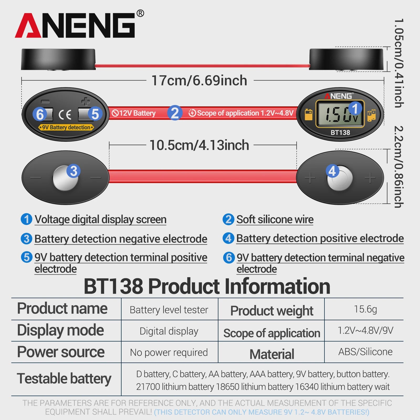 ANENG BT138 Universele Batterij Tester met LCD - Meet AA, AAA, C, D, 9V, Lithium & Knoopcel Batterijen
