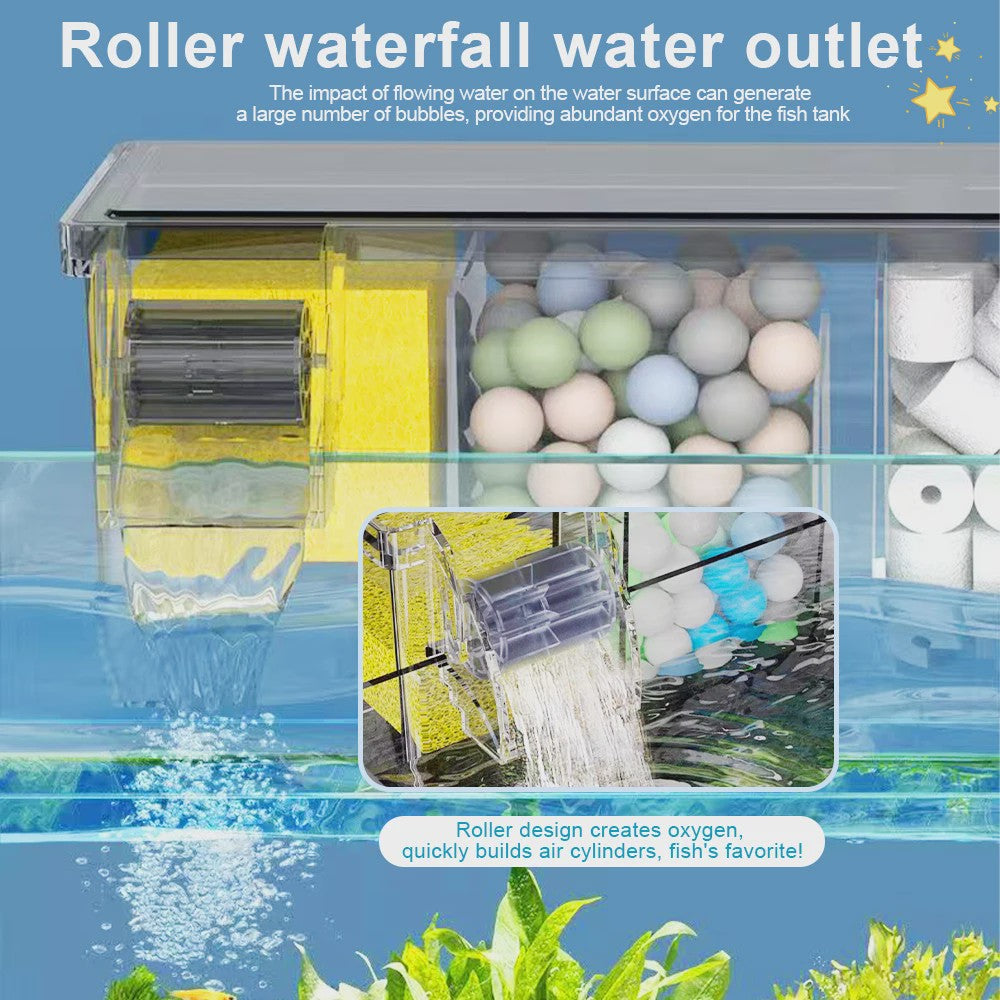 Multifunctioneel Aquarium Filter met Waterval & 4-Traps Filtratie - Stil & Zuurstofrijk