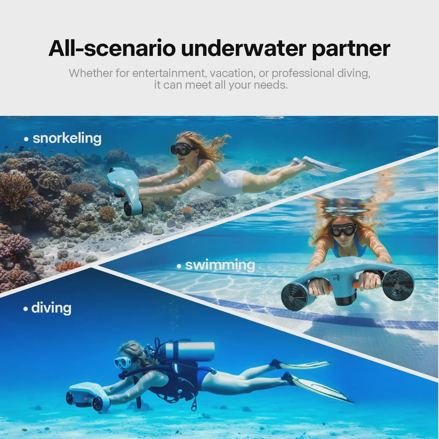Asiwo MANTA 2 Onderwater Scooter - 40M Waterdicht, met Camera Mount voor Duiken & Snorkelen