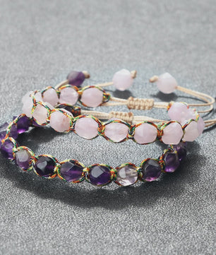 Unieke Kralen Armband - Natuurlijke Tijgeroog, Amethist & Rozenkwarts - Verstelbaar