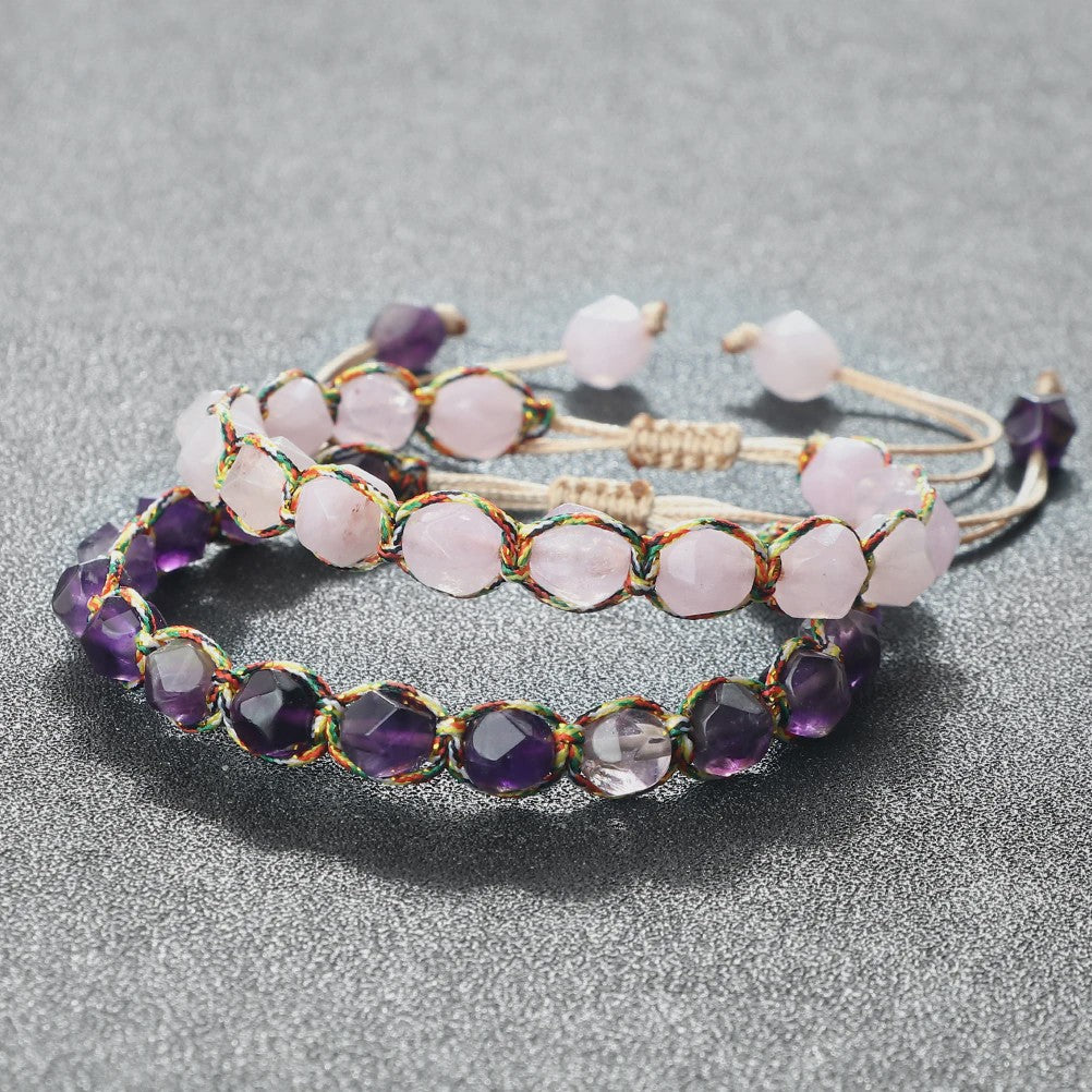 Unieke Kralen Armband - Natuurlijke Tijgeroog, Amethist & Rozenkwarts - Verstelbaar
