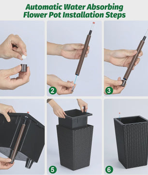 Set van 2 Zelfwaterende Bloempotten met Rotanpatroon en Waterniveau-indicator