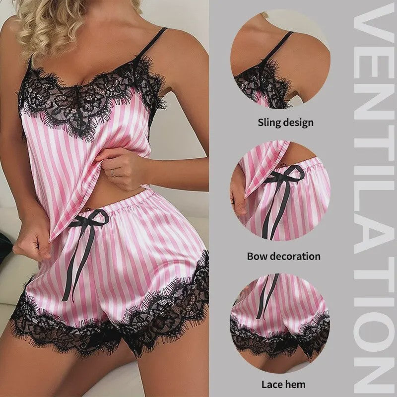 Dames Pyjamaset: Sexy Tweedelig Set met Kant, V-hals en Shorts