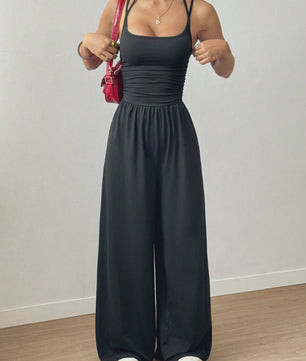 Dames Jumpsuit met Wijde Pijpen en Plissédetaillering - Casual Zomer & Lente