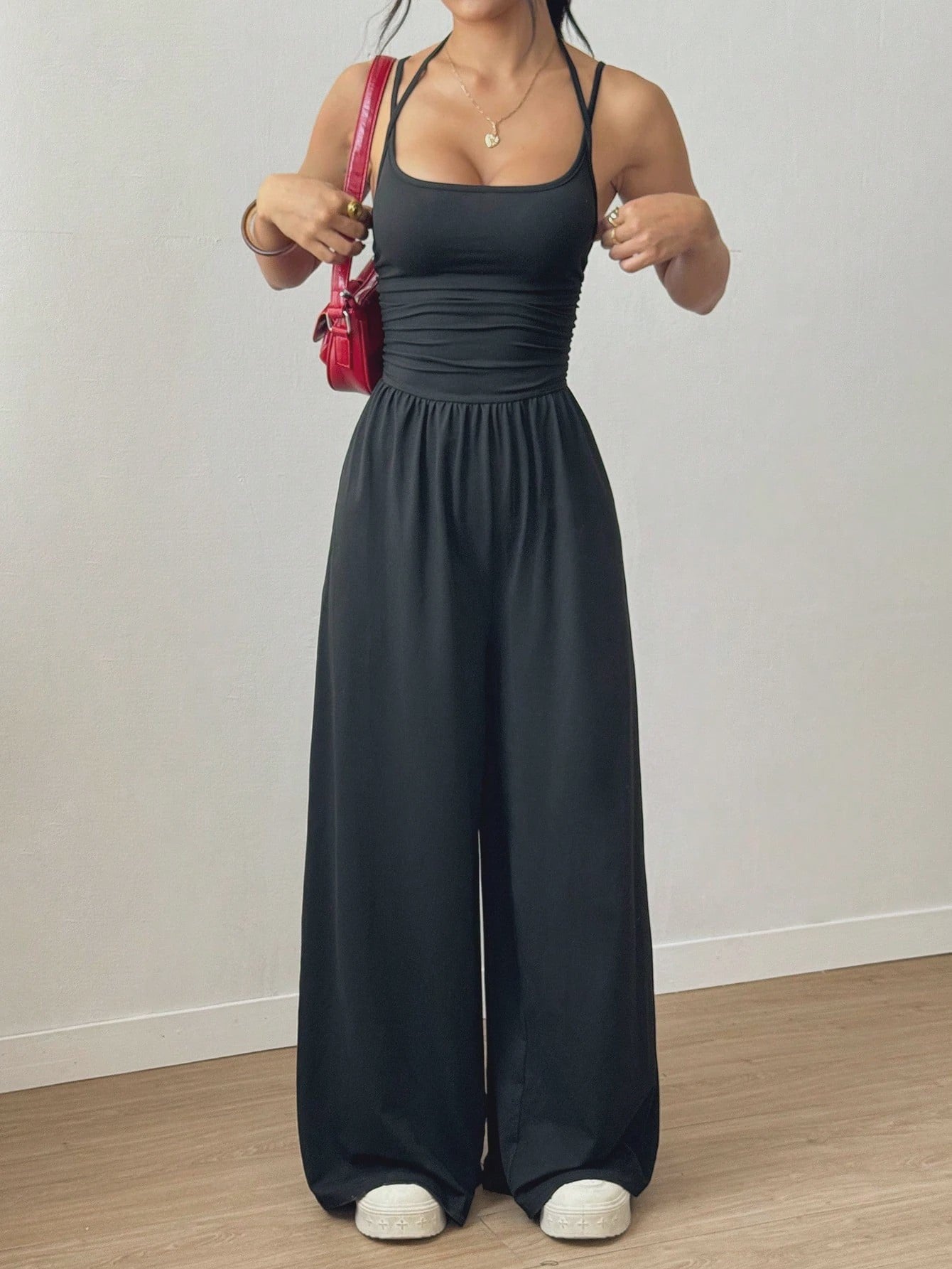 Dames Jumpsuit met Wijde Pijpen en Plissédetaillering - Casual Zomer & Lente