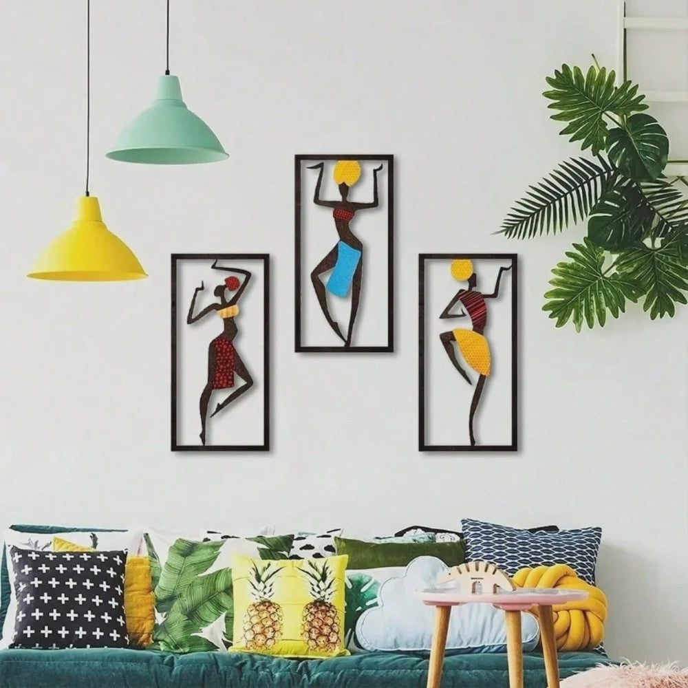 Set van 3 Wanddecoratie Afrikaanse Danseressen - Boho Fiber Art