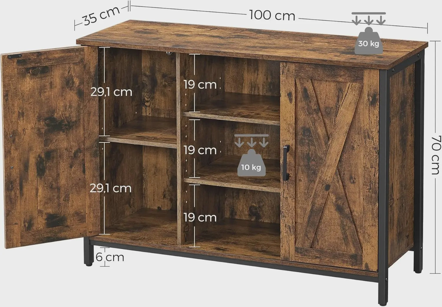 VASAGLE Sideboard Keukenkast met Open Planken - 100x35x70 cm - Rustiek Hout & Zwart Metaal