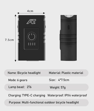 Oplaadbare Fietsverlichting LED Voorlamp Type-C, Waterdicht & 6 Modi