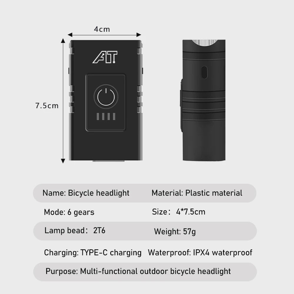 Oplaadbare Fietsverlichting LED Voorlamp Type-C, Waterdicht & 6 Modi