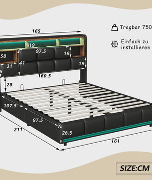 Luxe Gestoffeerd Bed met Hydraulische Opbergruimte, LED Verlichting en Laadstation
