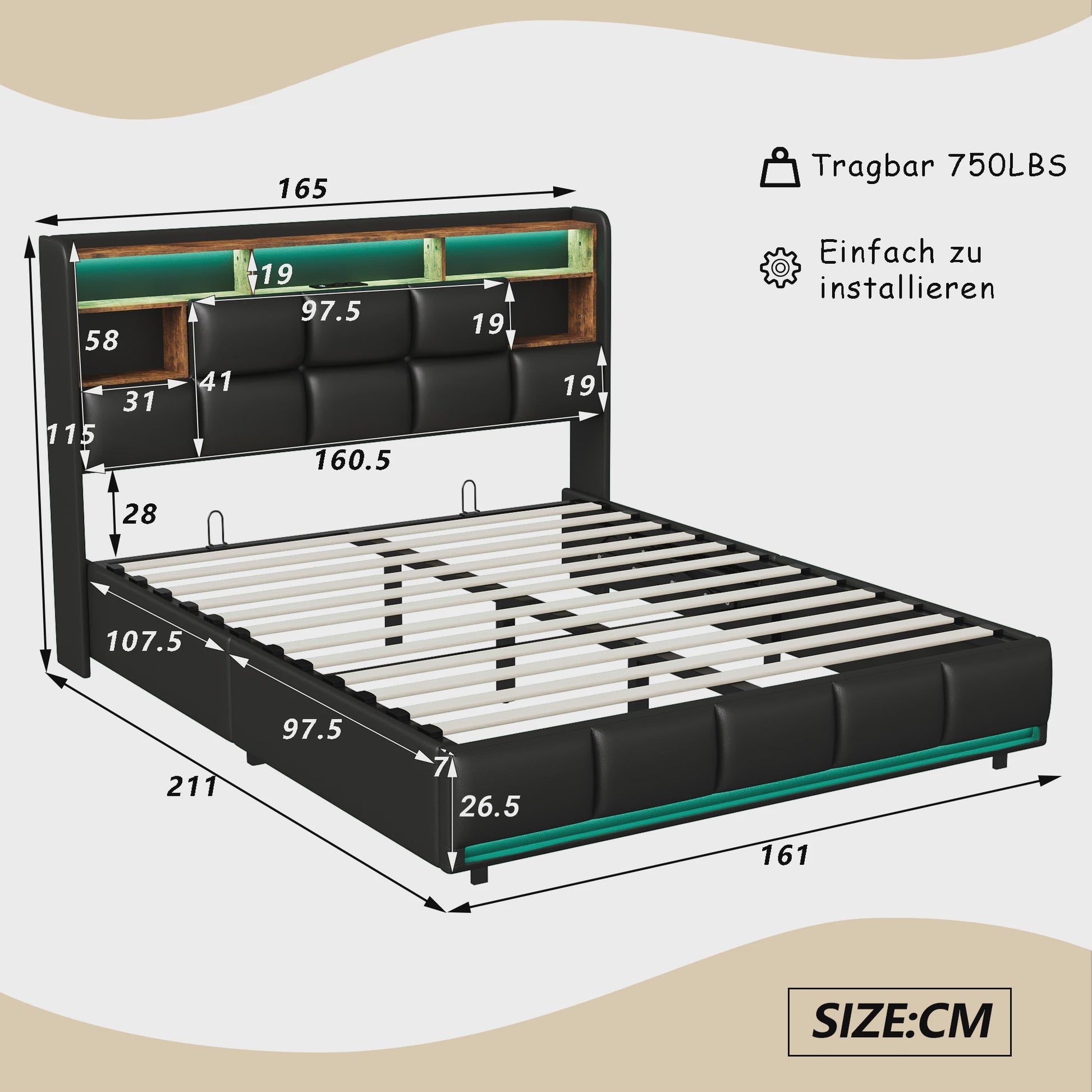 Luxe Gestoffeerd Bed met Hydraulische Opbergruimte, LED Verlichting en Laadstation