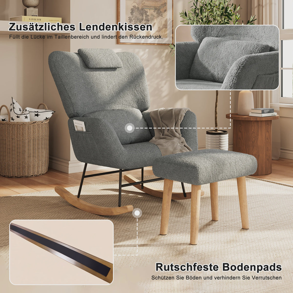 Luxe Schommelstoel met Voetenbank en Hoofdsteun - Comfortabele Fauteuil met Zijvak