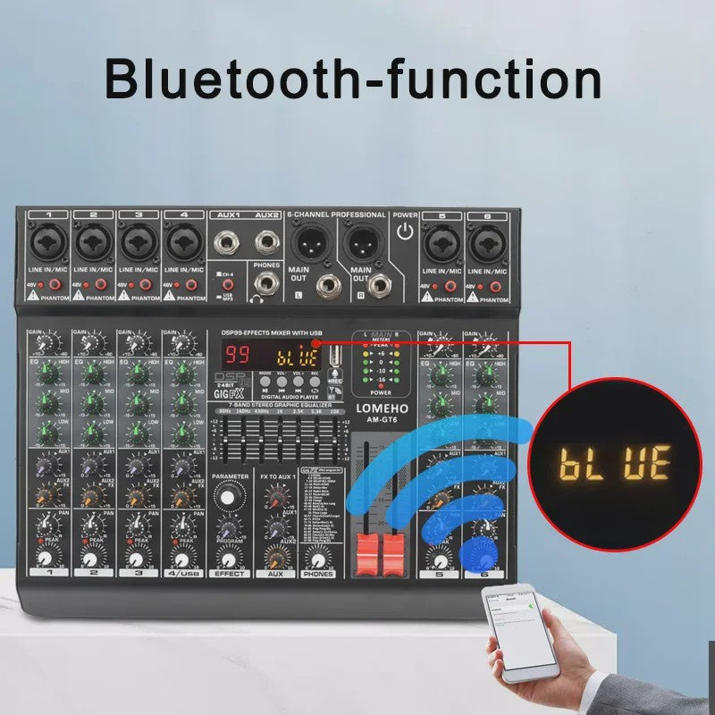 Lomeho AM-GT6/8 Professionele Audio Mixer Console met 7-Band EQ, USB & 99 Effecten