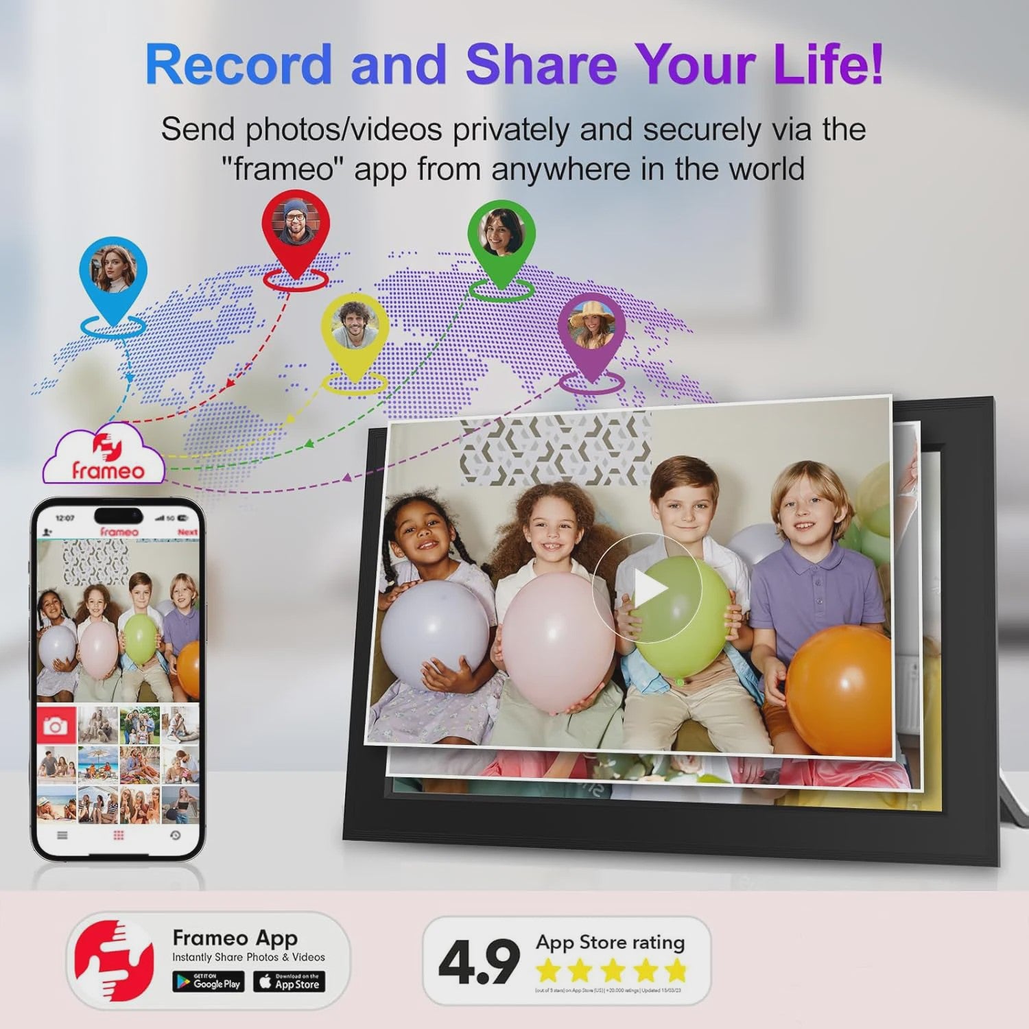 Frameo Smart WiFi Digitale Fotolijst 10.1 Inch HD Touchscreen met 32GB/64GB Opslag en Wandmontage