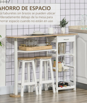 Bartafel Set met 2 Krukjes, Lade, Planken, Mand en Flessenrek - Wit