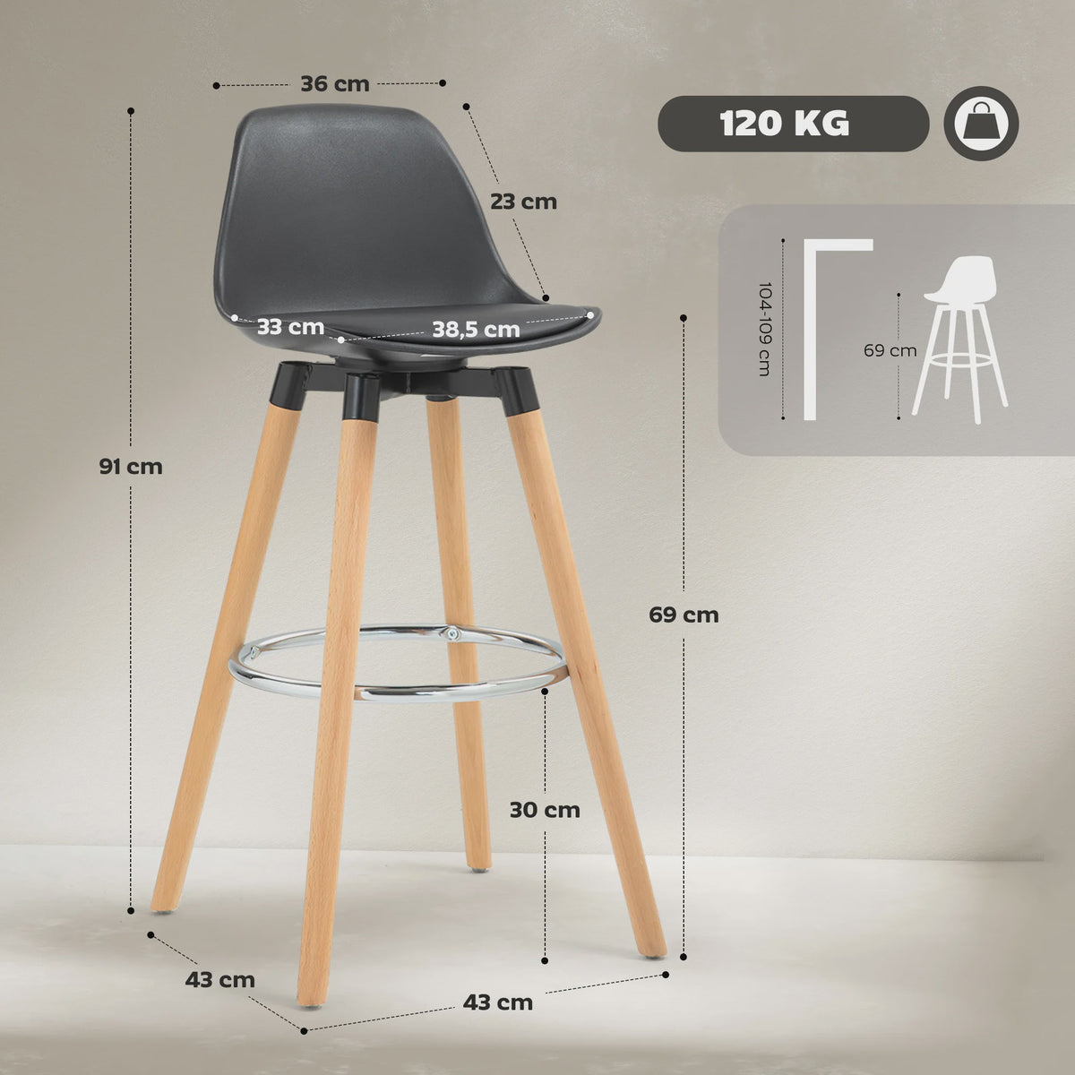 Set van 2 Stijlvolle Barkrukken met Rugleuning en Voetensteun - PU Zitting & Houten Poten (69 cm)