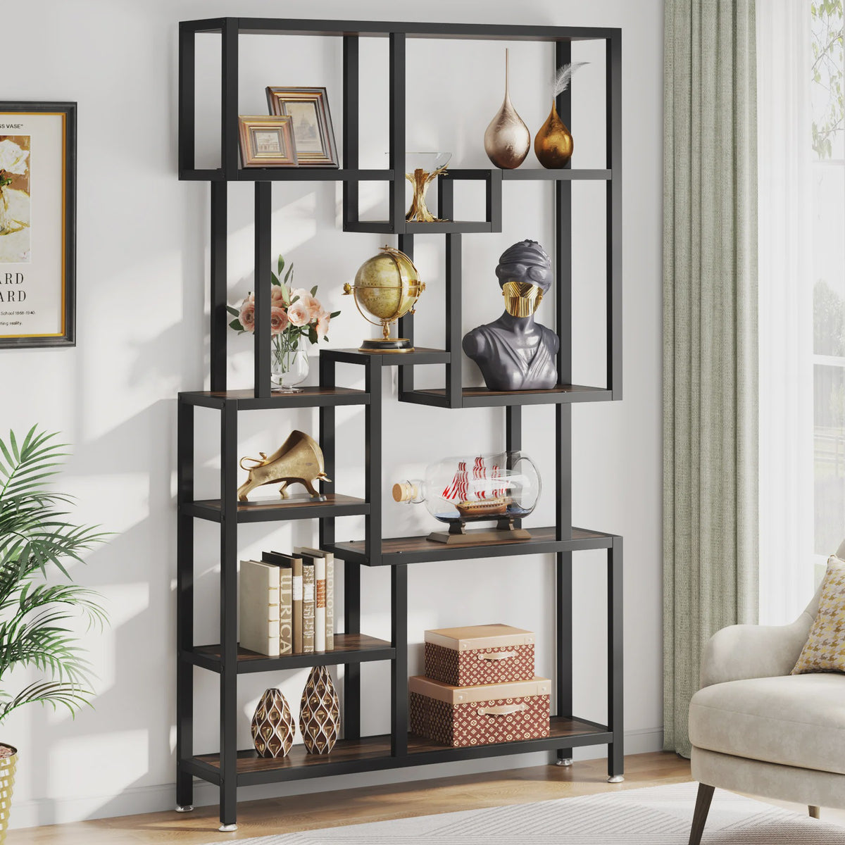 Industriële Boekenkast 7-Laags - 180cm Hoge Etagere met Metalen Frame & Rustiek Bruine Houten Planken