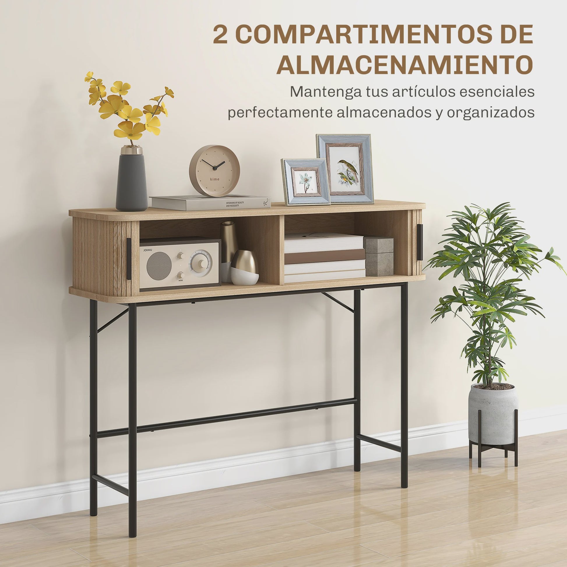 Vintage Console Tafel met 2 Schuifdeuren - Oak & Zwart - 100x30x80 cm