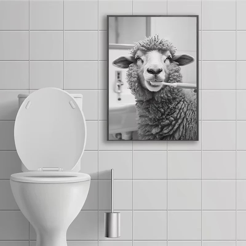 Grappige Zwart-Wit Canvas Poster: Schattige Dieren Poetsen Tanden - Muurdecoratie