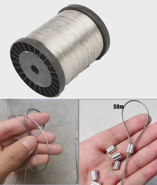 50m Roestvrij Staal Draadkabel met 50 Aluminium Klemmen - 7x7 Kern