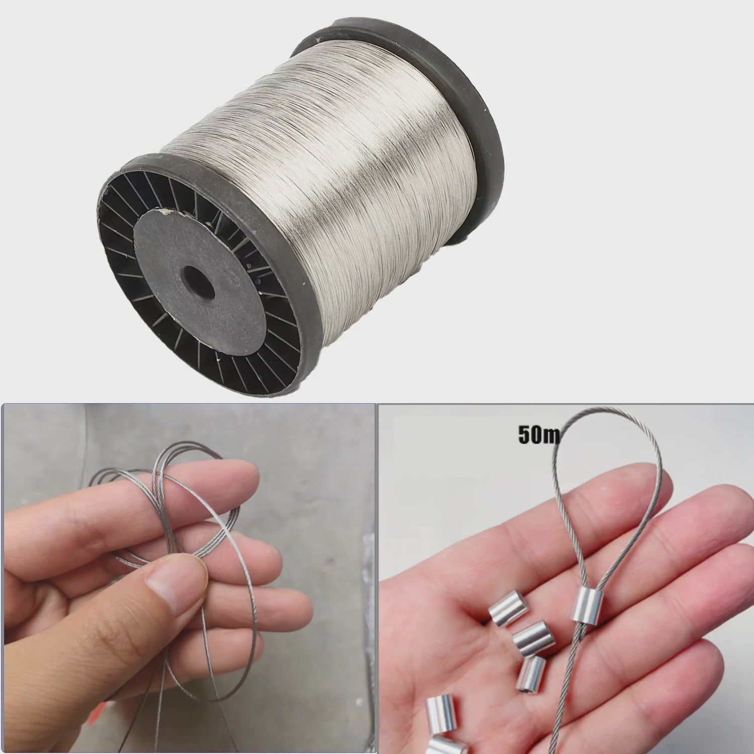 50m Roestvrij Staal Draadkabel met 50 Aluminium Klemmen - 7x7 Kern