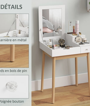 HOMCOM Kaptafel met Spiegel en 2 Lades - Modern Wit Design voor Slaapkamer of Woonkamer