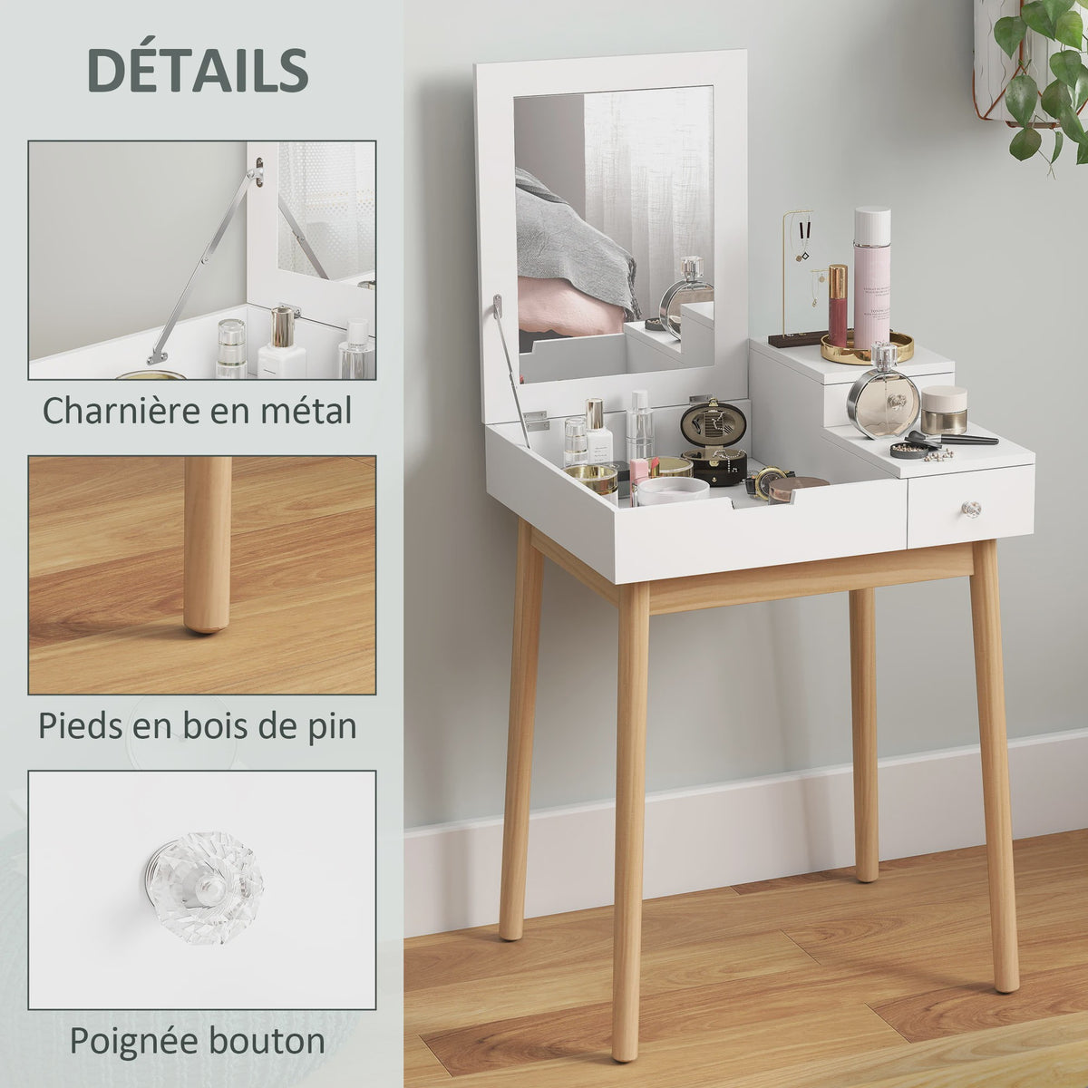 HOMCOM Kaptafel met Spiegel en 2 Lades - Modern Wit Design voor Slaapkamer of Woonkamer