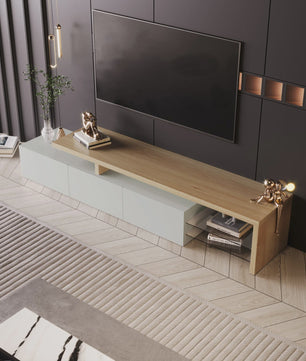 Moderne TV Meubel met LED Verlichting, 3 Lades en Glazen Partition - Wit/Zwart Hoogglans