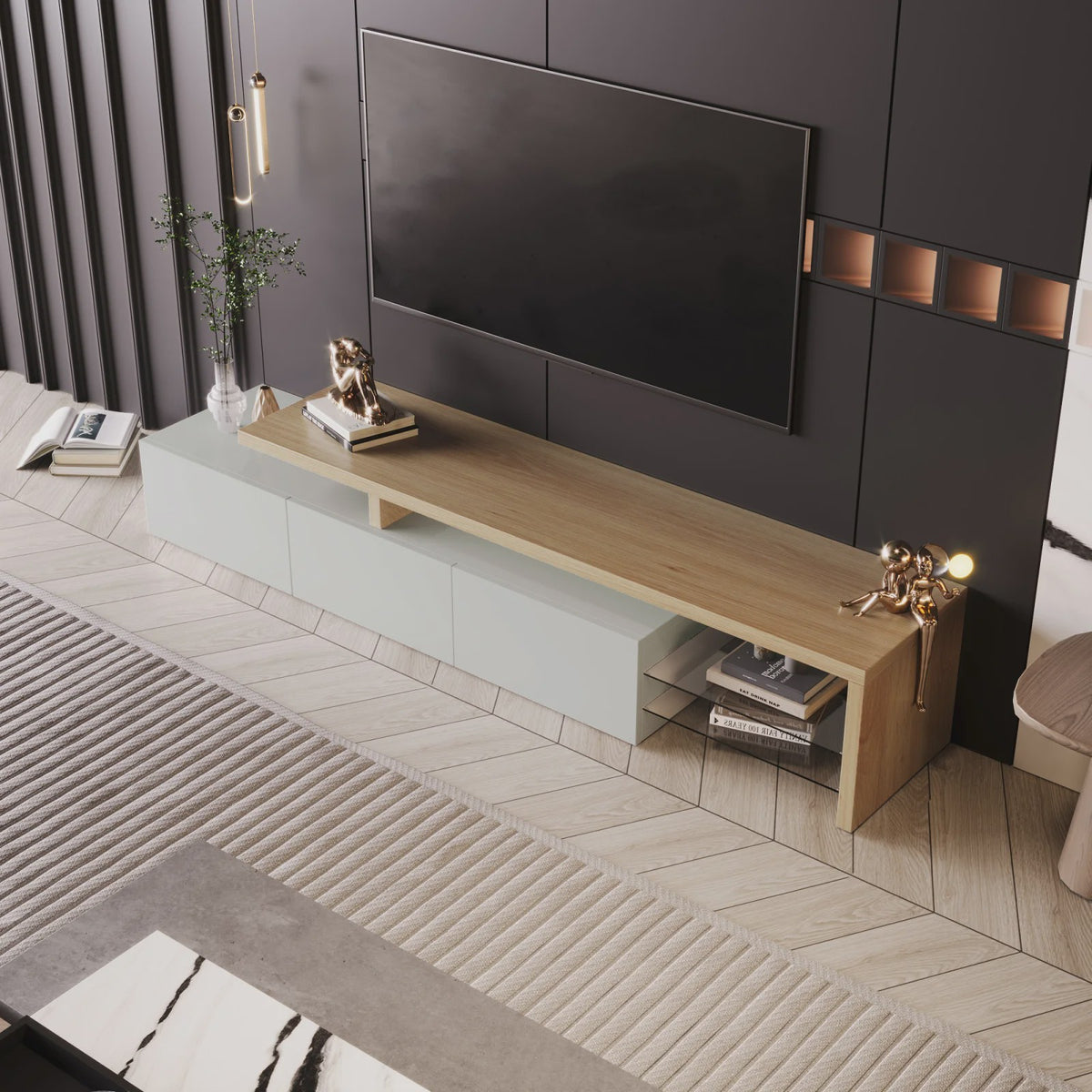 Moderne TV Meubel met LED Verlichting, 3 Lades en Glazen Partition - Wit/Zwart Hoogglans