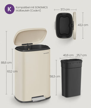 50L Keukenprullenbak met Voetpedaal, Soft Close & Uitneembare Binnenemmer