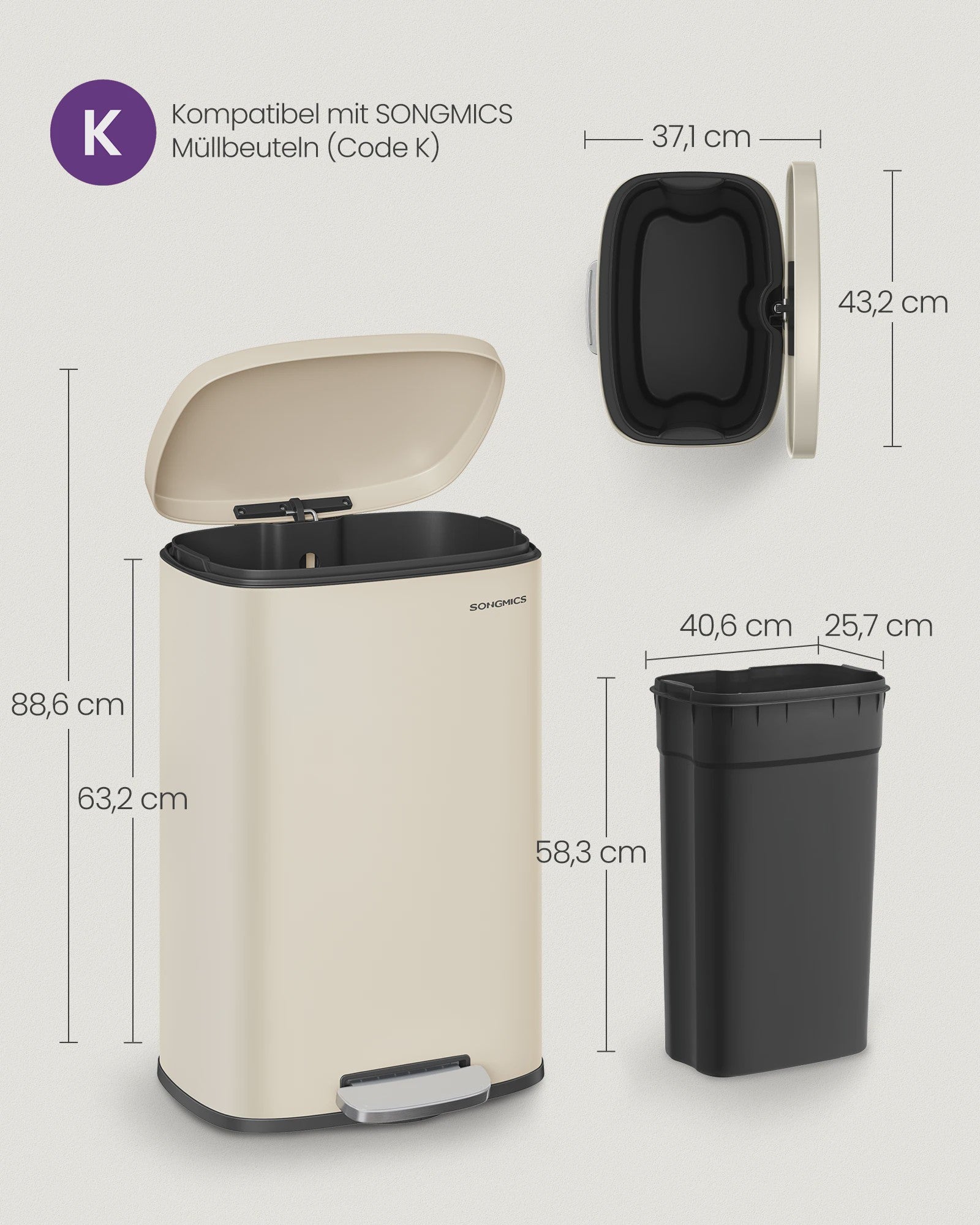 50L Keukenprullenbak met Voetpedaal, Soft Close & Uitneembare Binnenemmer