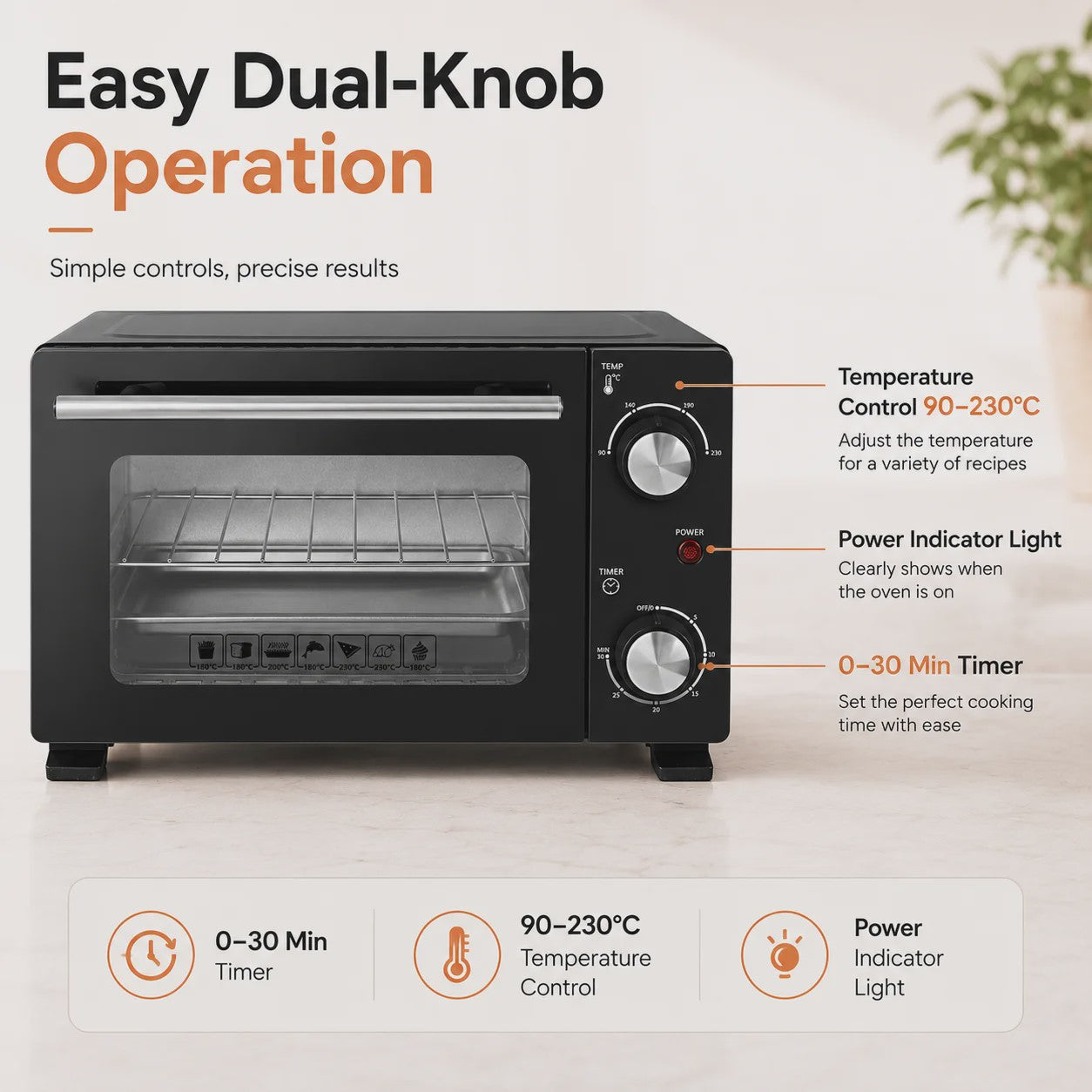 Compacte Elektrische Oven 10L - 800W, 90-230°C, Timer, Bakplaat & Rooster