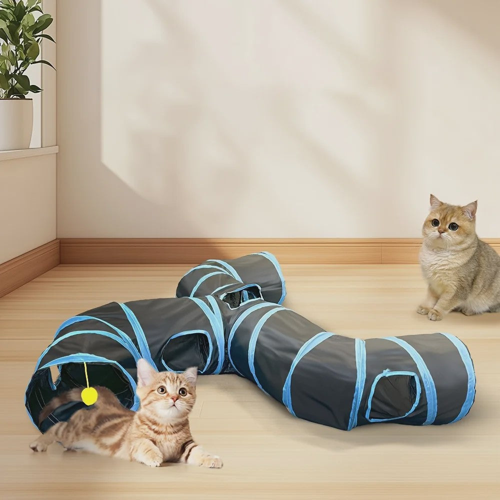 Uitgebreide 3-Weg Katten Tunnel Speelgoed met Speeltjes en Ontdekkingluiken