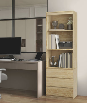 HOMCOM Boekenkast met 3 Planken en 3 Lades - Natuurlijk Hout Effect - 60x35x180 cm