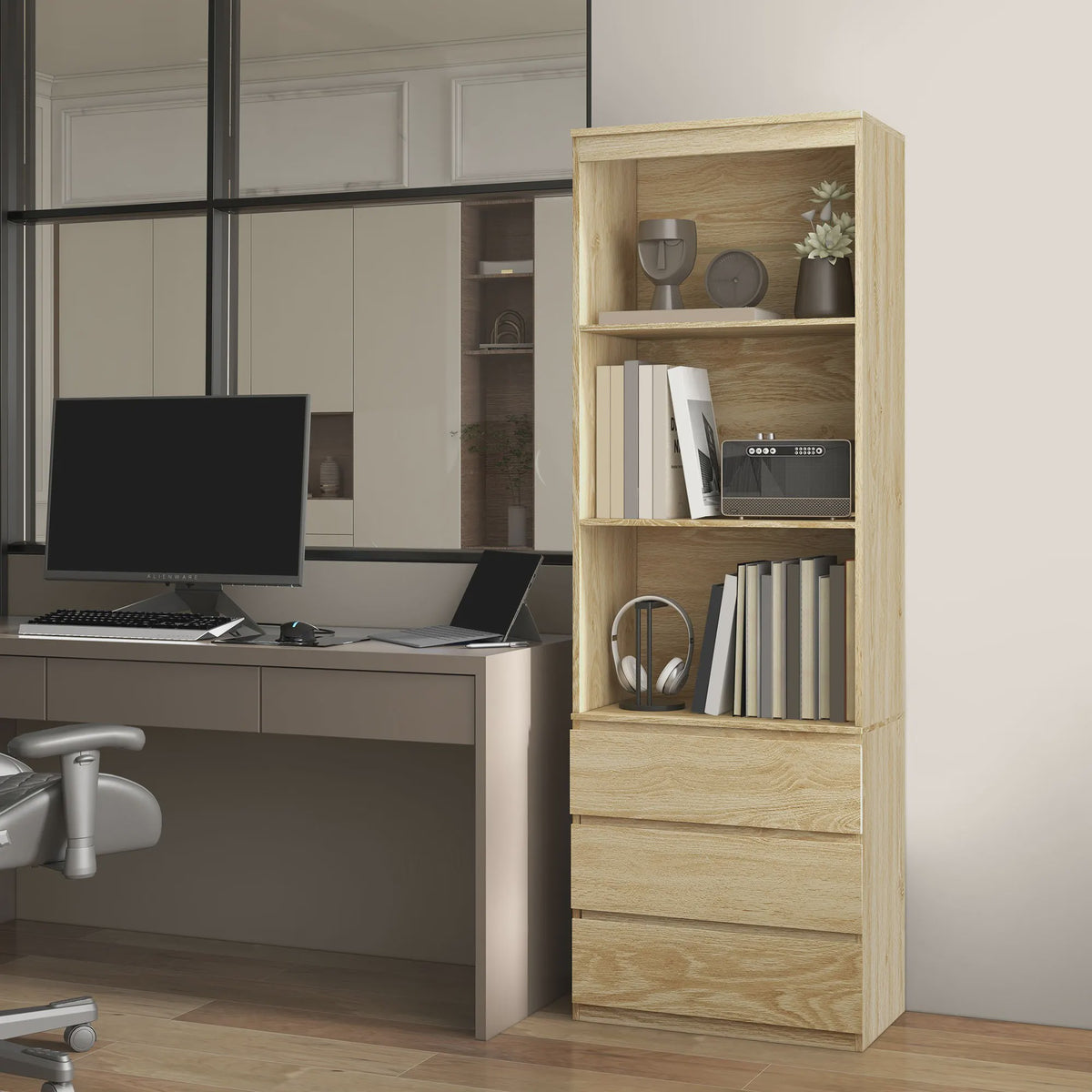 HOMCOM Boekenkast met 3 Planken en 3 Lades - Natuurlijk Hout Effect - 60x35x180 cm