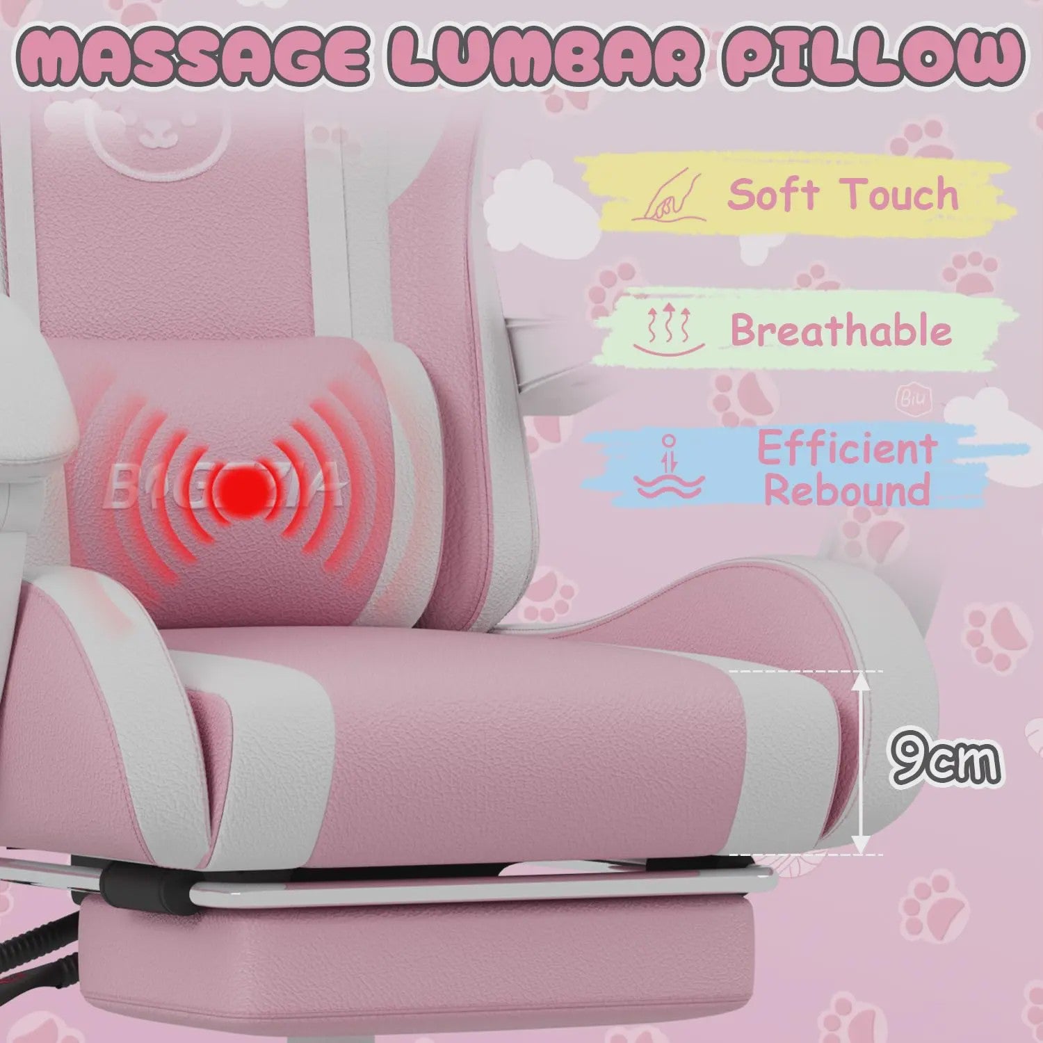 Ergonomische Gaming Chair met Kattenoren, Massagefunctie en Voetensteun - Roze