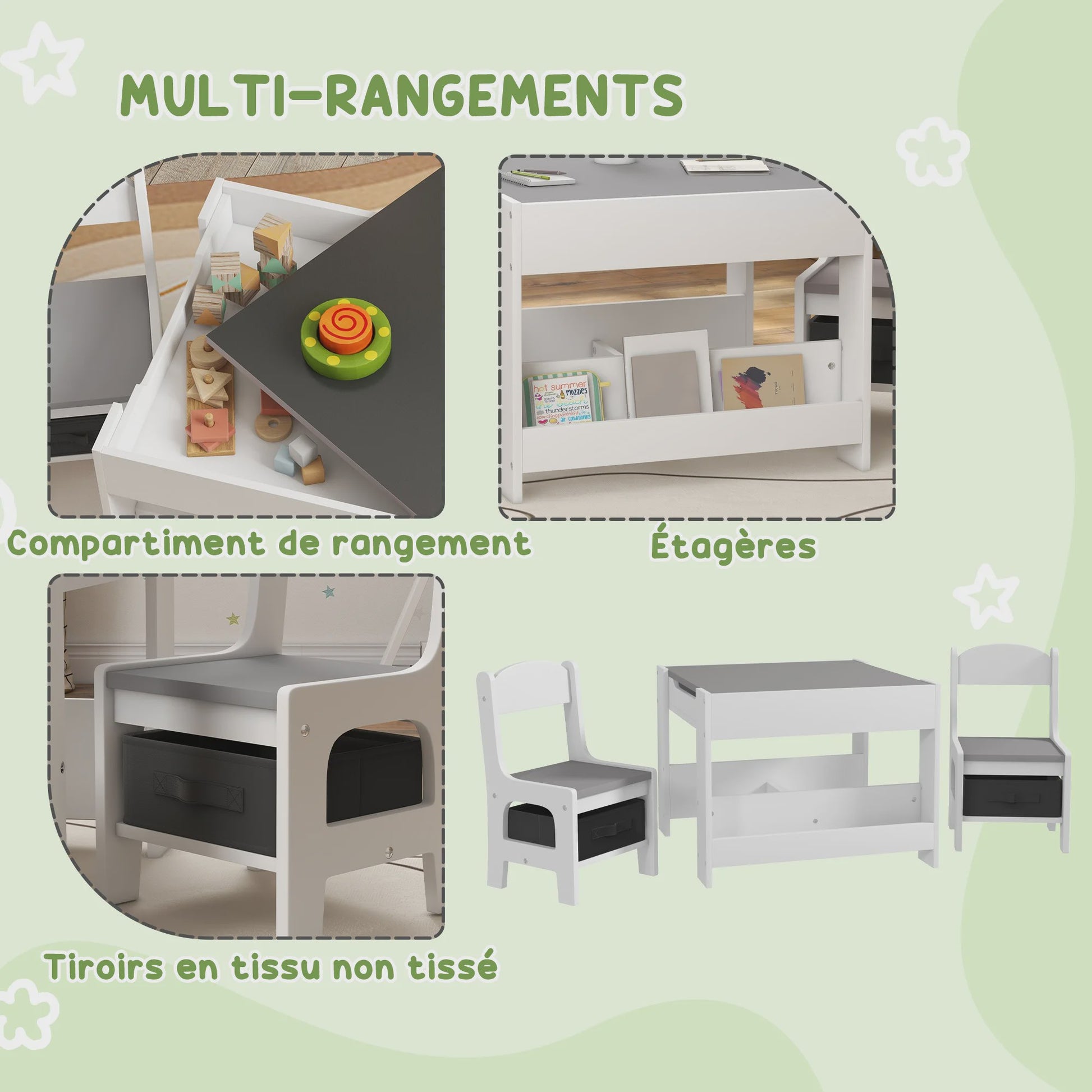 HOMCOM Kinder Tafel en Stoelen Set: 3 Delig met Opbergruimte en Omkeerbaar Zwart Blad